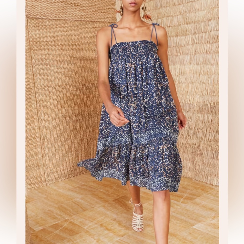 Ulla Johnson Eugenia Midi Tie Shoulder Dress Azul Blue Floral Print Size 8 Cotto